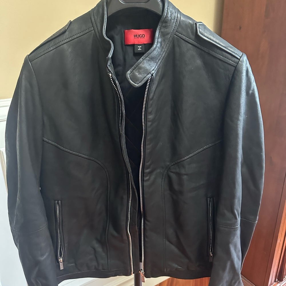 HUGO Men's Black Leather Jacket